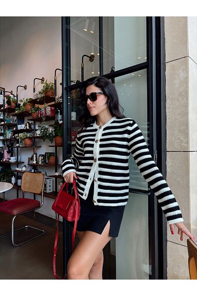 Nopen Knitwear Women's Ecru Black Striped Openwork Patterned Gold Buttoned Knitwear Cardigan