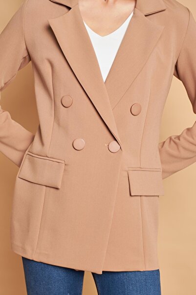 Jument Women's Button Detailed Long Sleeve Stylish Office Ornamental Pocket Flap Fabric Blazer Jacket - Beige