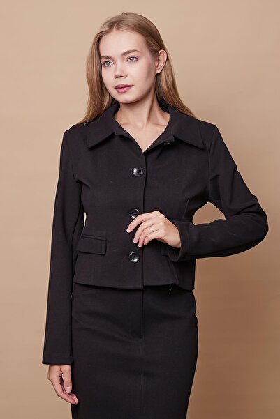 Jument Lycra Women's Blazer - Long Sleeve, Buttoned, Collared Pocket, Black Stamp Fabric