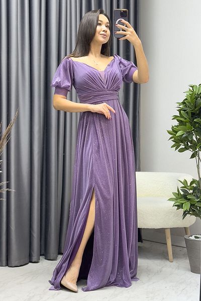 thezkscom Women's Short Sleeve Draped Evening Dress Plus Size Colors: Lilac, Saks, Black, Emerald Green