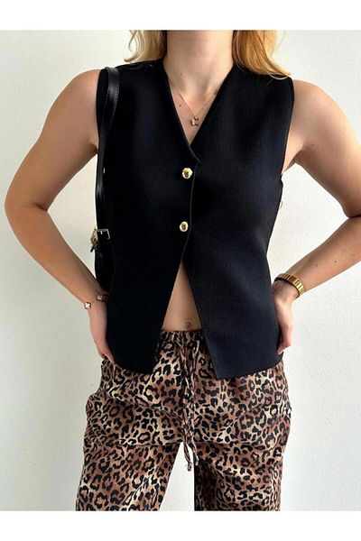 YouLikeButik Gold Button V-Neck Knitwear Vest