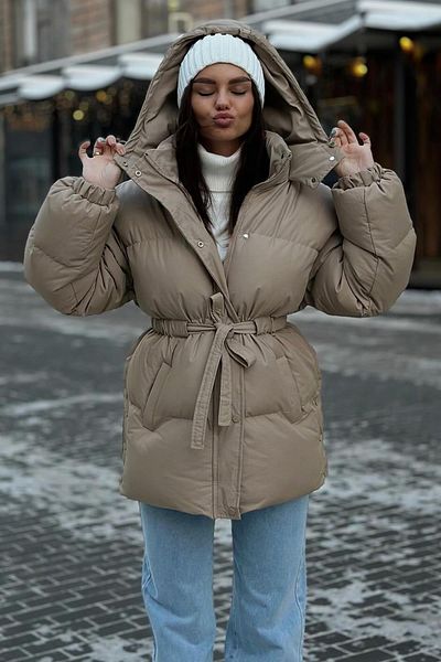 Madmext Beige Hooded Puffer Jacket with Belt Detail Mg2179