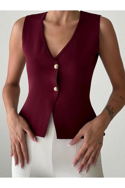 YouLikeButik Gold Button V-Neck Knitwear Vest