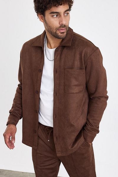MADZEYMODA Мъжка риза от велур с един джоб, кафява, Mz19811