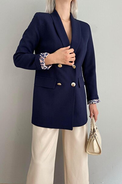 lizge giyim Leopard Lined Double-Breasted Jacket