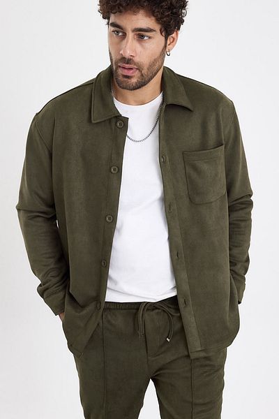 MADZEYMODA New Season Ανδρικό πουκάμισο με μονή τσέπη Scuba Khaki Green Suede Mz19811