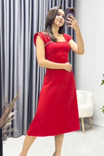 zks grup tekstil Rochie de damă cu perle evazate alb, albastru bebeluș, roșu,...