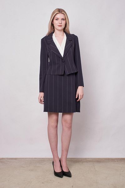 Jument Jachetă de damă, cu guler în dungi, cu mânecă lungă, din țesătură ușoară din lycra, blazer scurt - linie bleumarin