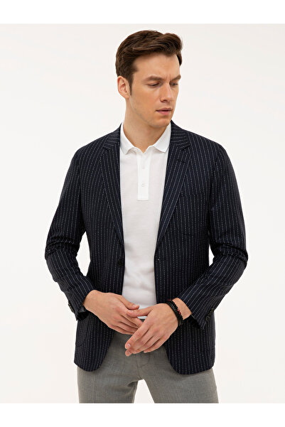 Cacharel Lacivert Slim Fit Keten Karışımlı Çizgili Ceket 50223286-VR033