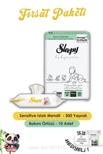 Sleepy 25 Pcs Sensitive Wet Wipes - 12 Pcs Baby Cover 10 Pcs and Rosie