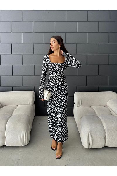 Fav Style Rochie de damă cu mânecă lungă cu imprimeu leopard negru - decolteu pătrat și fante