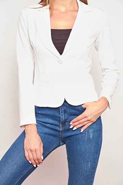 Jument Collared Flato Pocket Long Sleeve Cotton Fabric Light Lycra Short Blazer Office Jacket - Cream
