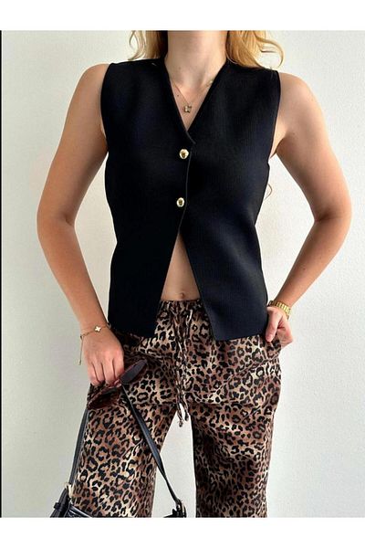 YouLikeButik Gold Button V-Neck Knitwear Vest