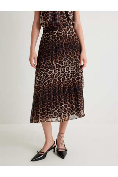 Koton Piliseli Leopar Desenli Etek Kloş Midi Boy