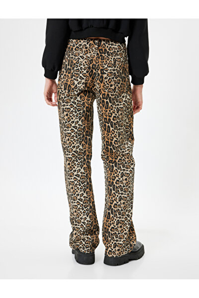 Koton Leopar Pantolon Normal Bel Straight Fit Cepli Düğmeli
