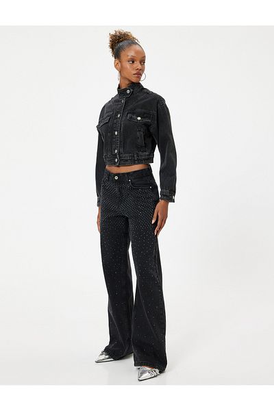 Koton Bianca Wide Leg Jeans - Rhinestoned Button, Cotton, Standard Waist Wide Leg Jeans