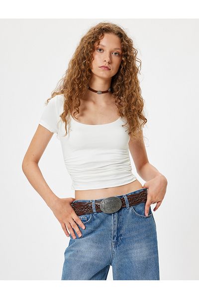 Koton U-Neck Slim Fit Draped Short Sleeve T-Shirt