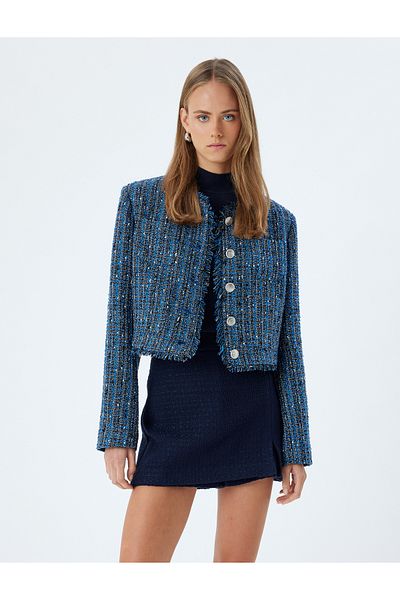 Koton Tweedjacke mit Rundhalsausschnitt und Quastendetail – Tasche und Knopf