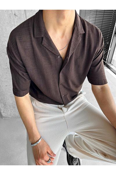ablukaonline Men's Oversize Cuban Collar Patterned Mesh Shirt Brown