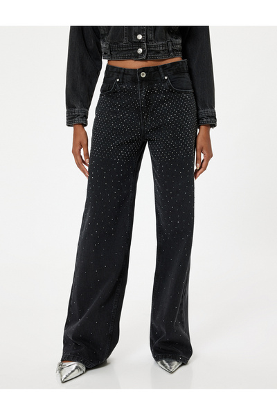 Koton Bianca széles szárú farmernadrág - strasszos gomb, pamut, szabványos derék széles szárú farmernadrág