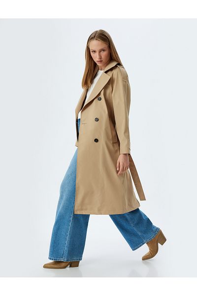Koton Double Breasted Buttoned Belt Detailed Long Oversize Trench Coat with Pockets