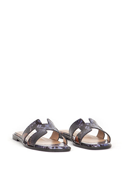 Dericlub Γυναικείες παντόφλες Navy Blue - Snake Printed, Real Leather, Flat Sole Pl 041031