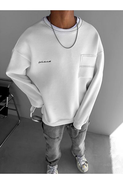 ablukaonline Λευκό ανδρικό φούτερ Oversize - Λεπτομέρεια τσέπης