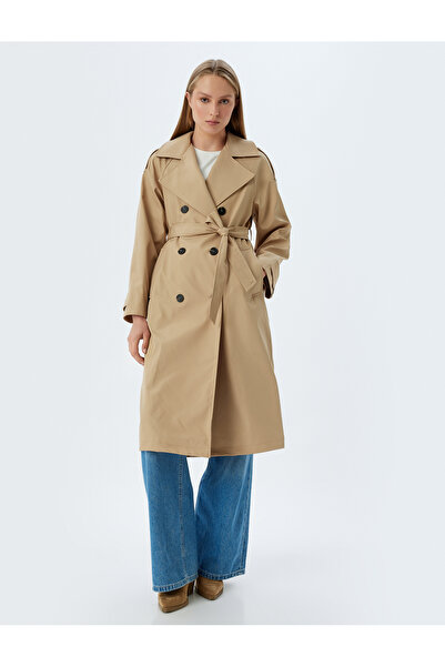 Koton Kruvaze Düğmeli Kuşak Detaylı Cepli Uzun Oversize Trençkot