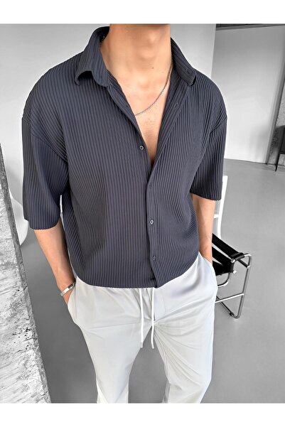 ablukaonline Smoke Colored Men's Oversize Shirt - Cuban Collar, Ribbed Design