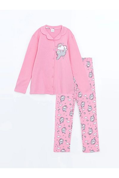 LC Waikiki Lcw Kids Pink Lilac Shirt Collar Girl's Pajamas Set