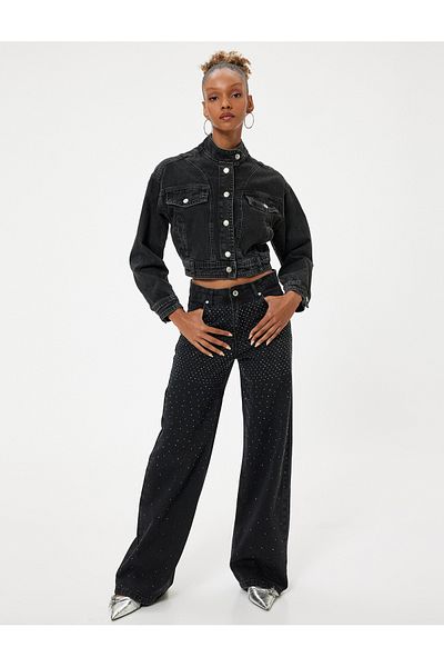 Koton Bianca Wide Leg Jeans - Rhinestoned Button, Cotton, Standard Waist Wide Leg Jeans