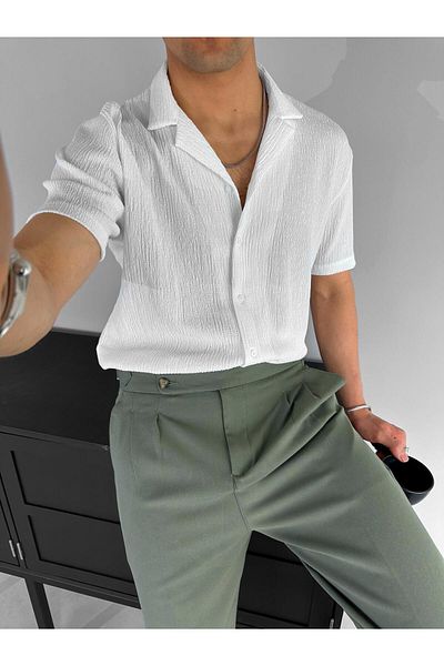 ablukaonline Herren-Hemd Long Fit aus Seersucker mit flexiblem kubanischem Kragen, Weiß