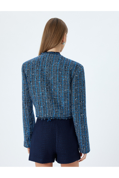 Koton Tweedová bunda s kulatým výstřihem a střapcem - s kapsami a zapínáním na knoflíky