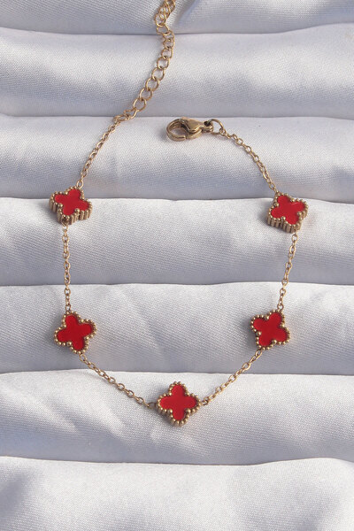 Nehir 316L Steel Baby Boy Gold Color Red Enamel Clover Bracelet Valentine's D...