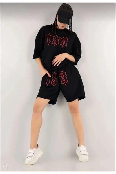 MODA55 Unisex Embroidered Shorts Set - Black