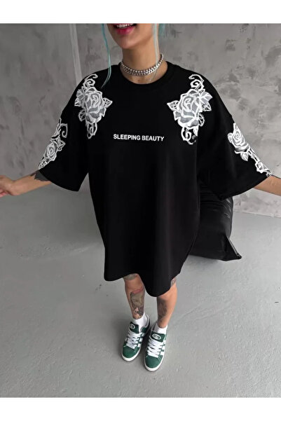 Meleners Unisex Flocking Embossed Printed T-Shirt - Black