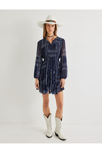 Koton Fırfırlı Mini Şifon Elbise Etnik Desenli Uzun Kollu Rahat Kalıp