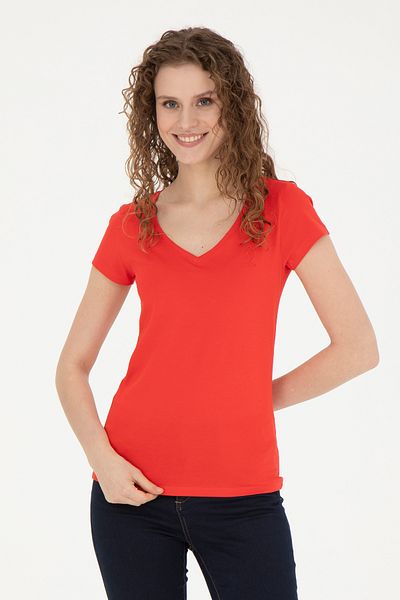 U.S. Polo Assn. Tricou roșu de bază cu decolteu în V pentru femei 50280068 -VR030