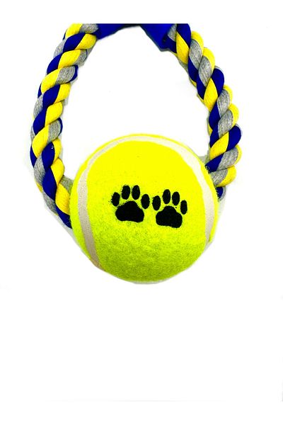Tasma Market Yellow-Navy Blue Training Tooth Rope Ball Dog Toy with Handle