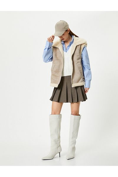 Koton Biker Vest Collar with Faux Fur Zipper Pocket