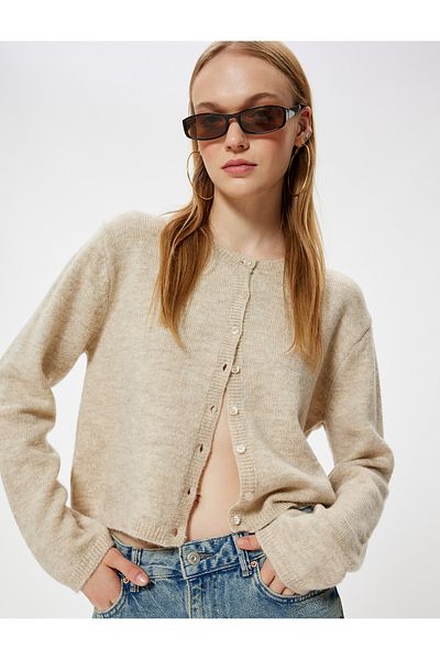 Koton Crew Neck Buttoned Long Sleeve Knitwear Cardigan