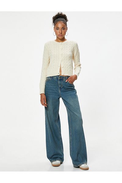 Koton Hair Knitted Textured Buttoned Crew Neck Knitwear Cardigan