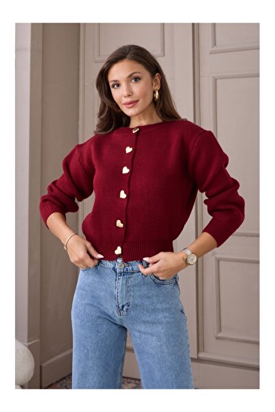 Elif Özbey Butik Cardigan din tricotaje cu nasturi inimioare bordeaux