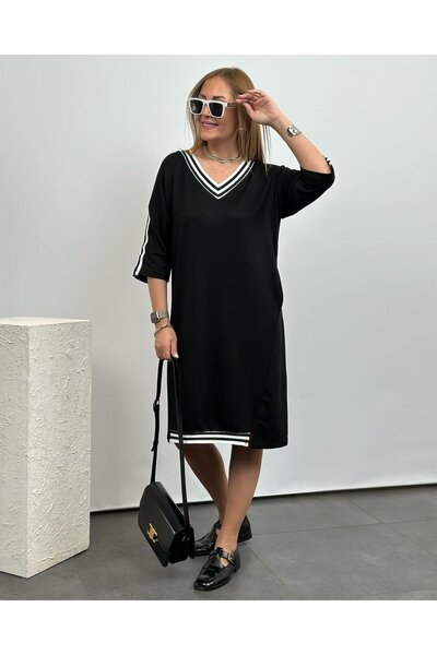 JANES Γυναικείο μαύρο φόρεμα με ραβδώσεις πάνω από το γόνατο