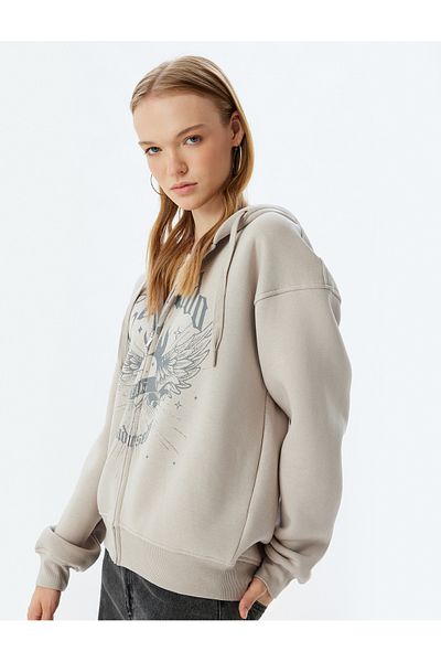 Koton Oversize Zippered Hooded Sweatshirt - Printed with Pocket Detail