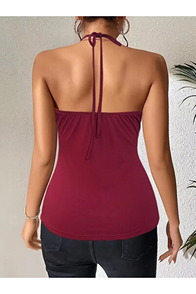 babatr.com Women's Bird Eye and Low-Cut Detail Halter Neck Viscose Blouse