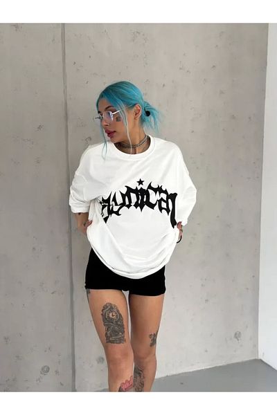 Modayakamoz Tricou alb unisex cu imprimeu supradimensionat cu gât crew