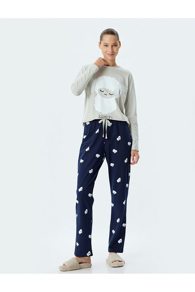 Koton Bedrucktes Pyjama-Set aus Baumwolle – langärmliges T-Shirt und Hose