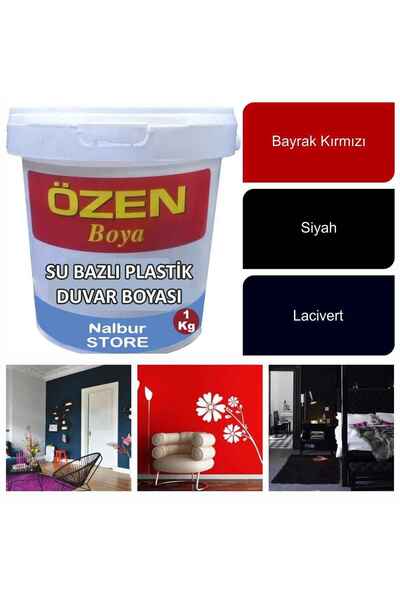 ÖZEN BOYA Su Bazlı Plastik İç Cephe Duvar Boyası 1KG-Siyah-Bayrak Kırmızı-Lacivert-Kolay Uygulanır-Dekoratif