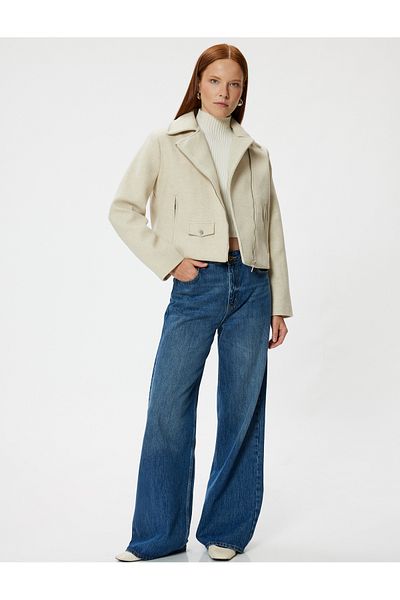 Koton Soft Textured Short Biker Jacket with Zippered Pockets